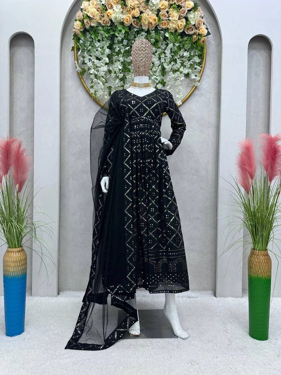 Exquisite Georgette Laknavi Stitch Work Gown for Women-QRC180-Black-M