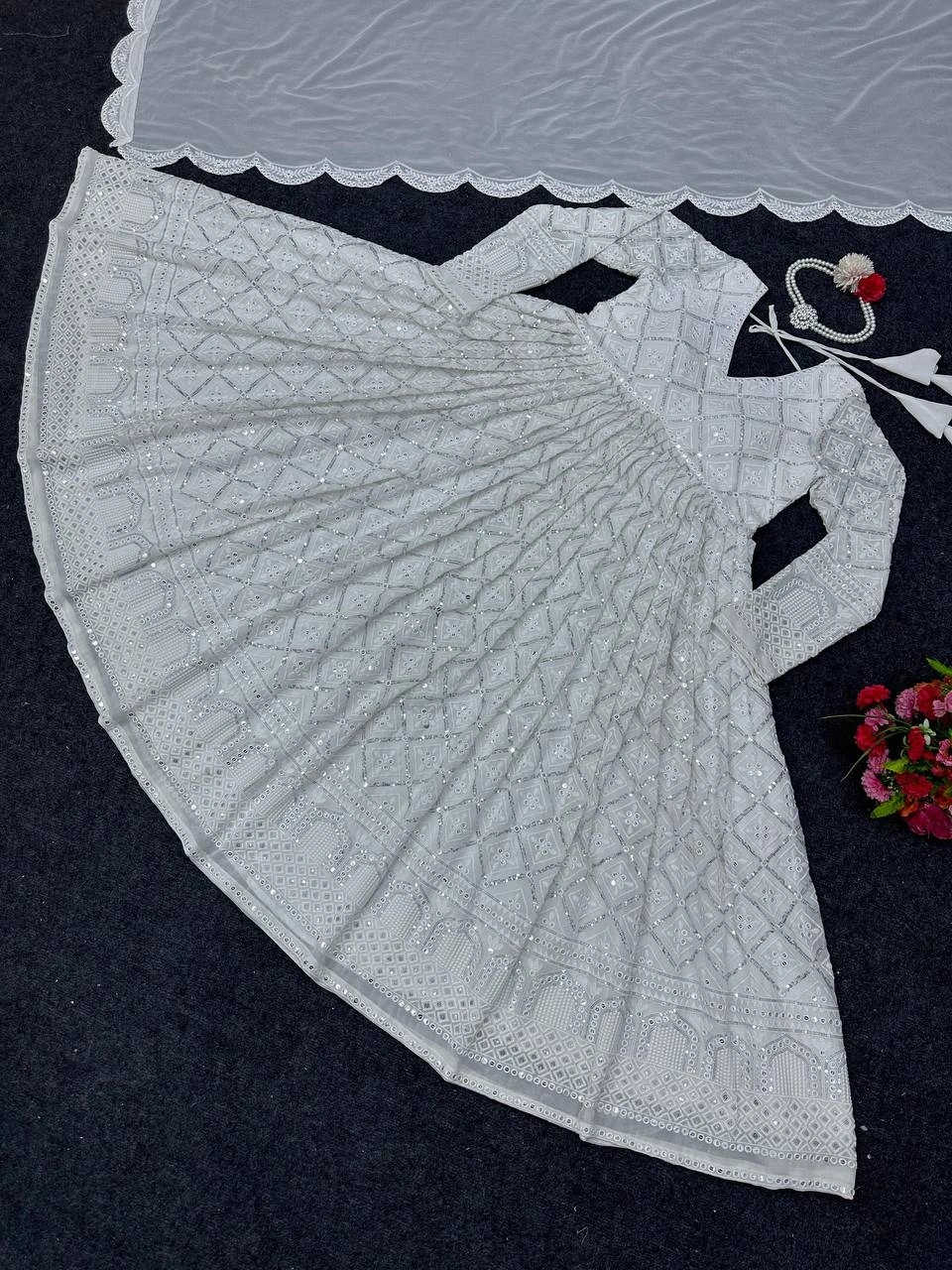 Exquisite Georgette Laknavi Stitch Work Gown for Women-White-M-5