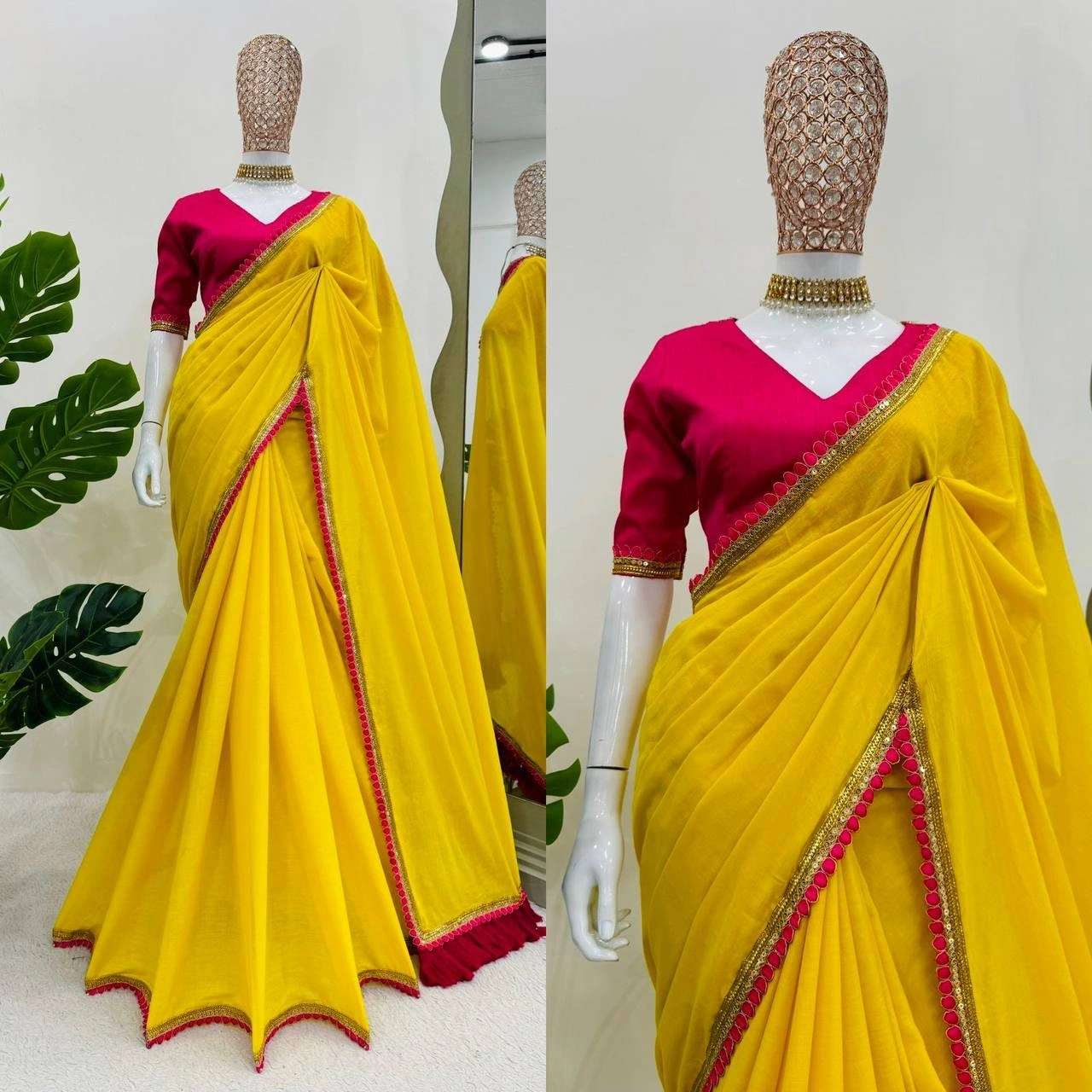 Yellow mul mul cotton sarees with pom pom