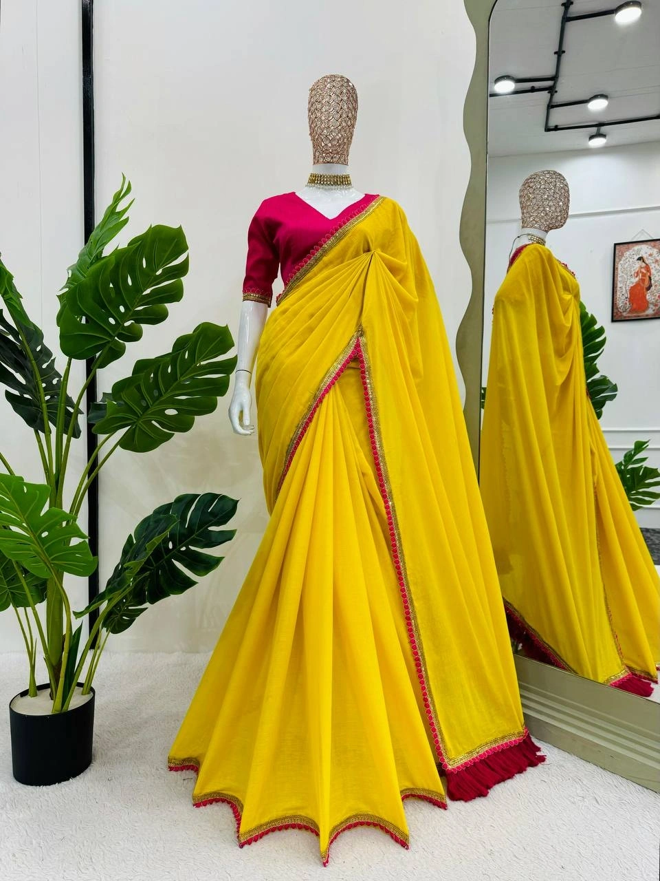 Yellow mul mul cotton sarees with pom pom