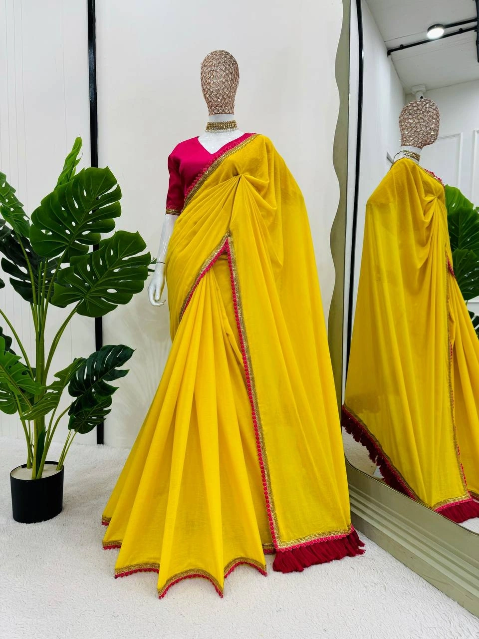 Yellow mul mul cotton sarees with pom pom