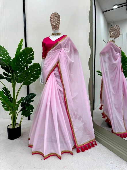 Royal Purple Mulmul Cotton Saree with Pompoms-Purple-2