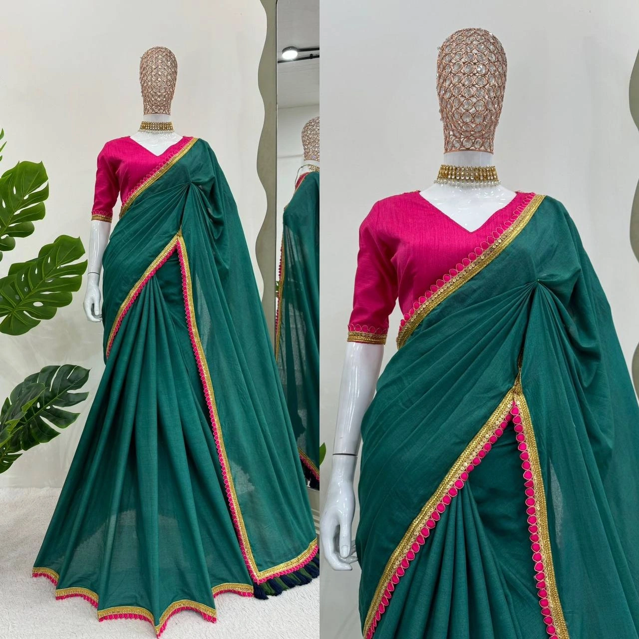 Cyan mul mul cotton sarees with pom pom