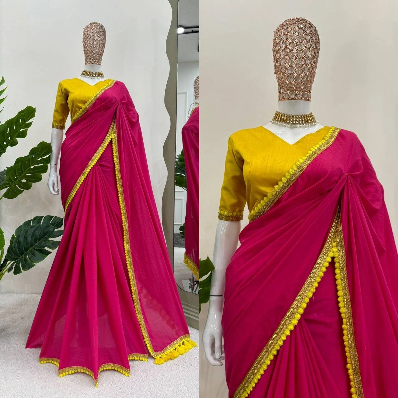 Pink mul mul cotton sarees with pom pom