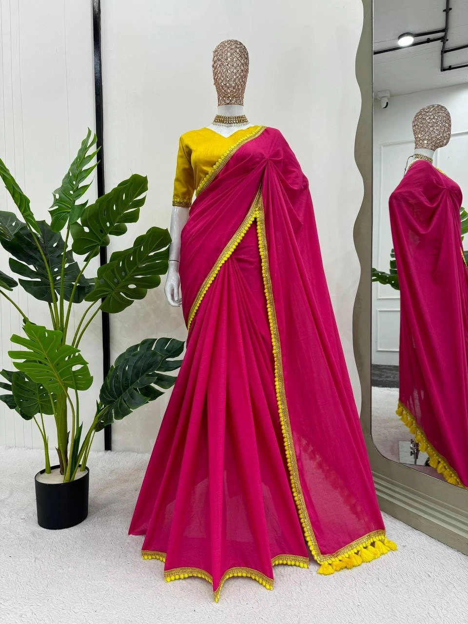 Pink mul mul cotton sarees with pom pom