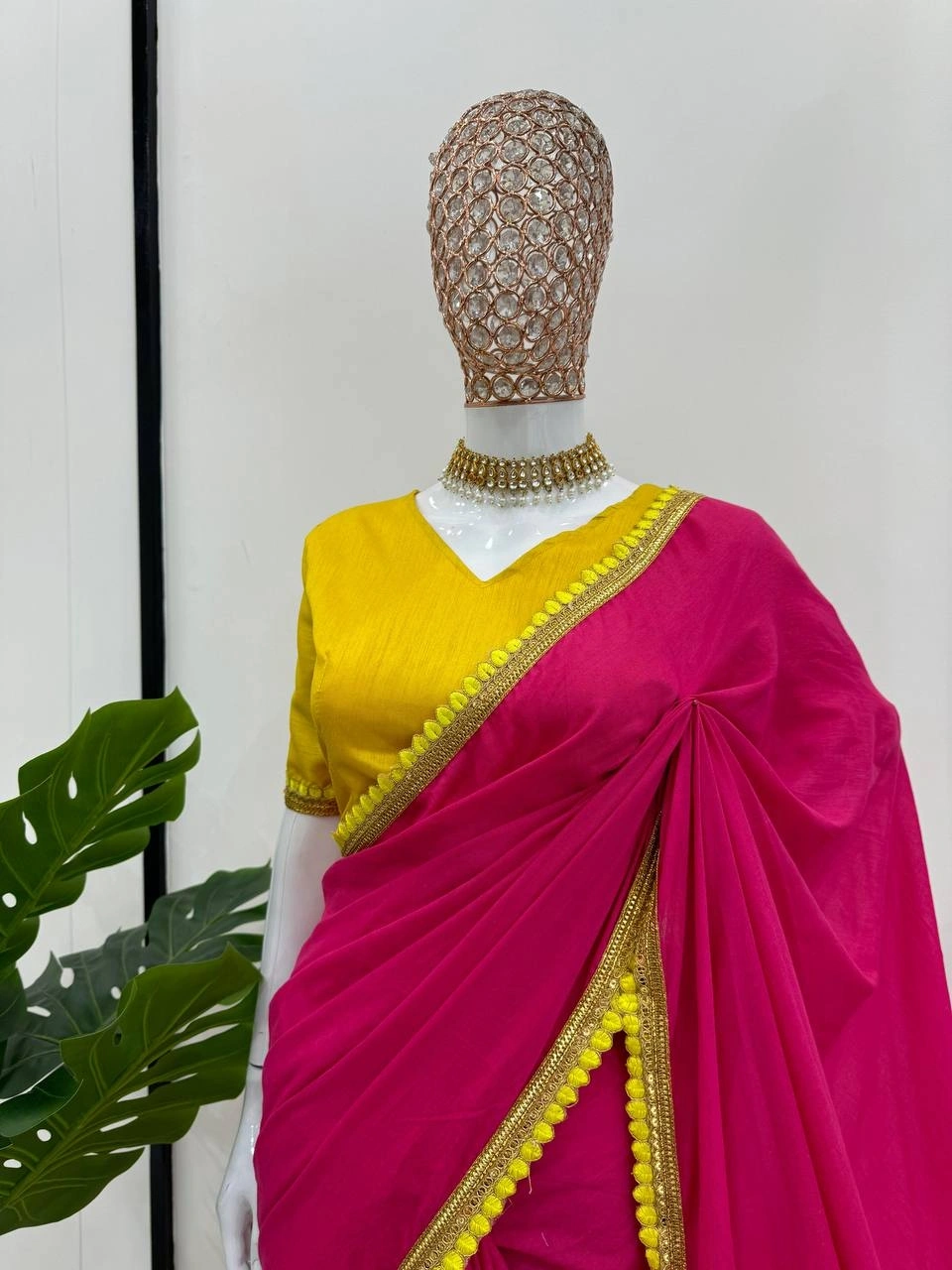 Pink mul mul cotton sarees with pom pom