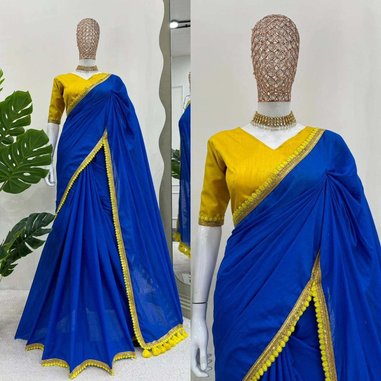 Blue mul mul cotton sarees with pom pom