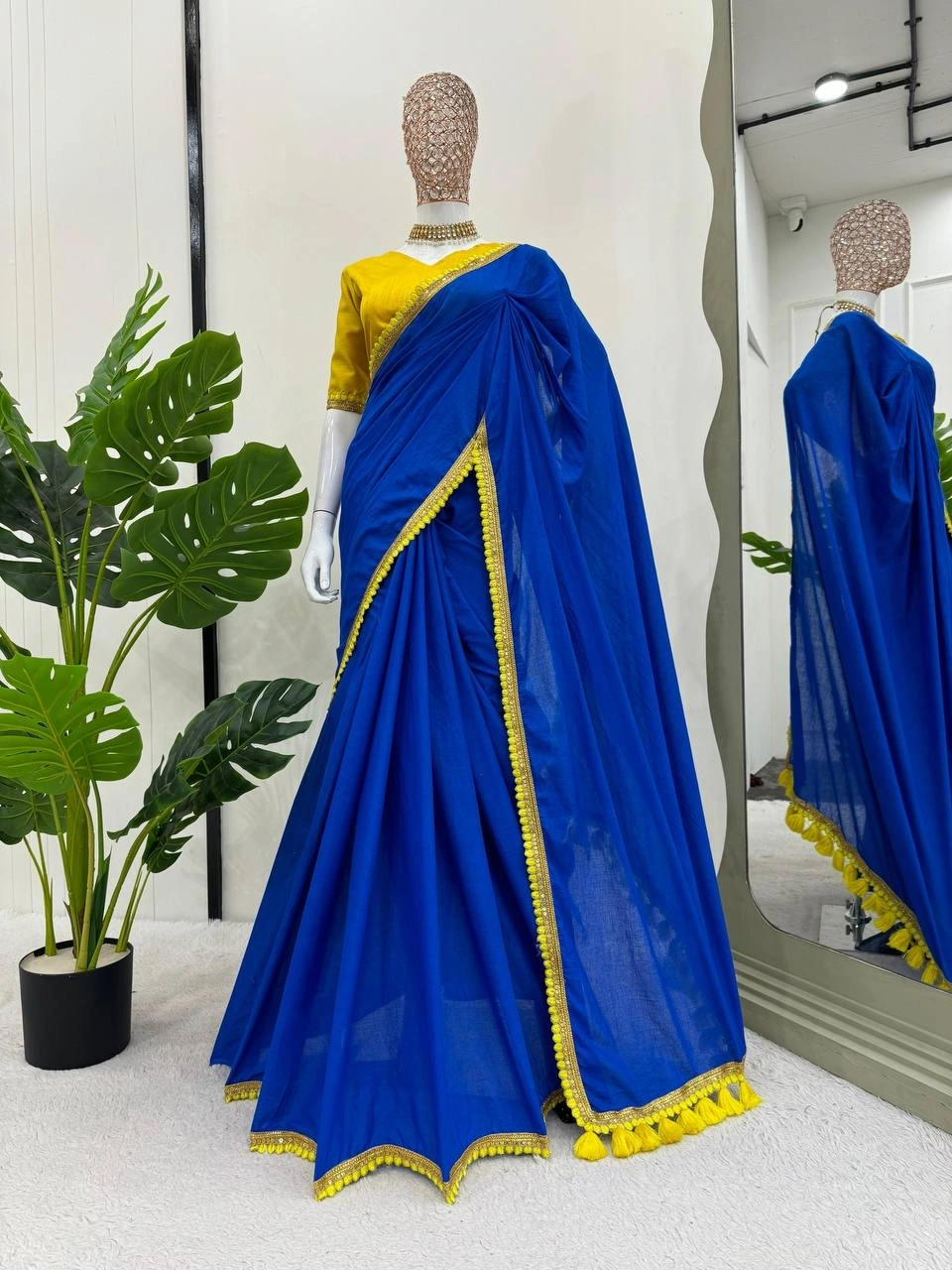 Blue mul mul cotton sarees with pom pom