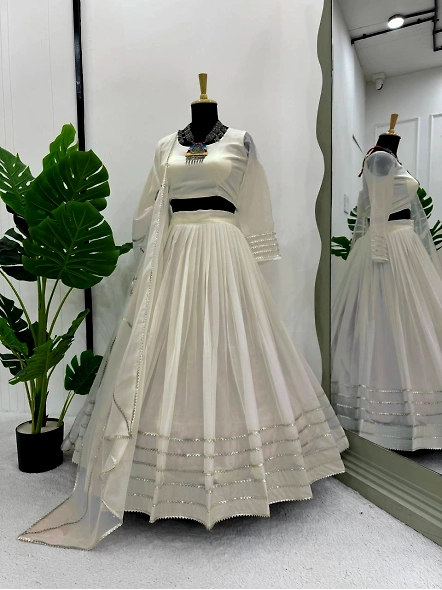 White Tabby Organza Digital Print Lehenga - Exquisite Indian Ethnic Wear-White-2