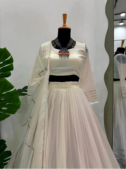 White Tabby Organza Digital Print Lehenga - Exquisite Indian Ethnic Wear-White-3