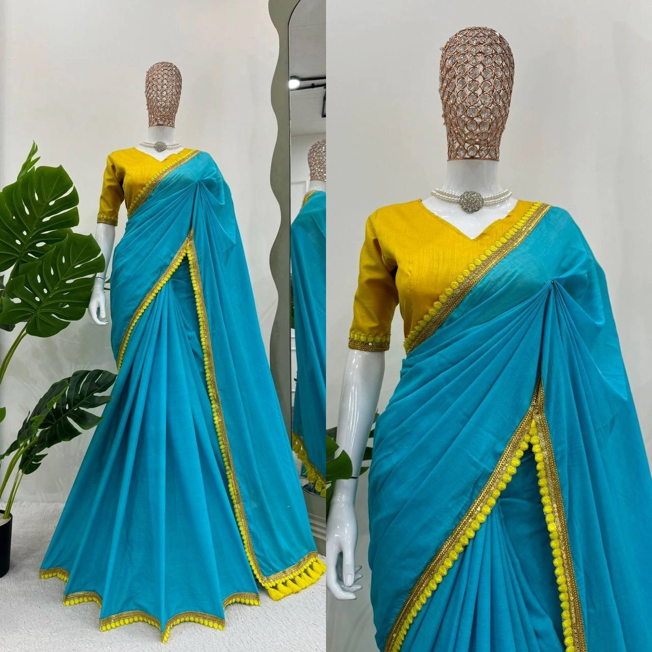 Cyan mul mul cotton sarees with pom pom