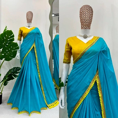 KINJAL Bluish Cyan Chic: Mulmul Cotton Saree with Pompoms