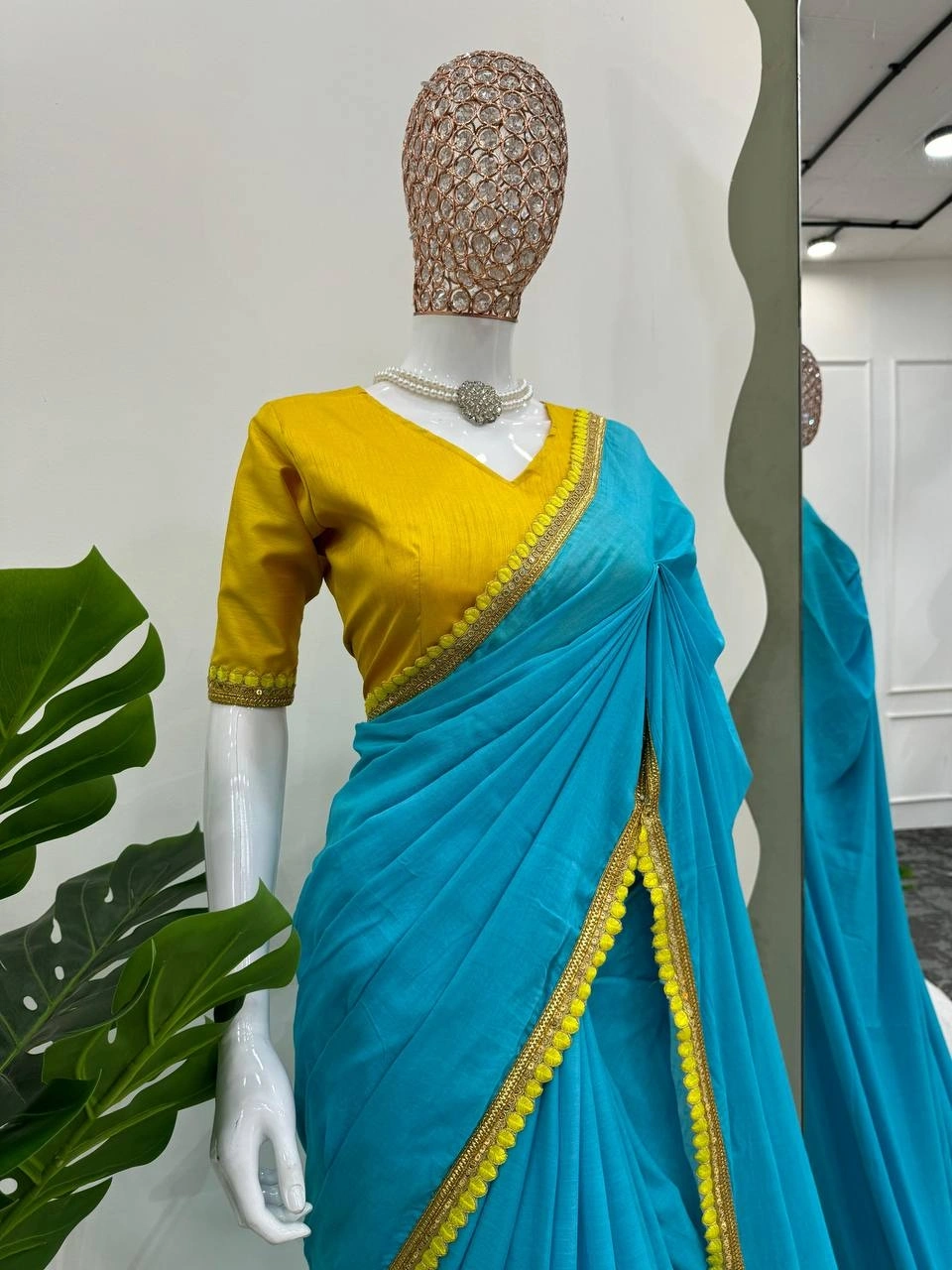 Cyan mul mul cotton sarees with pom pom