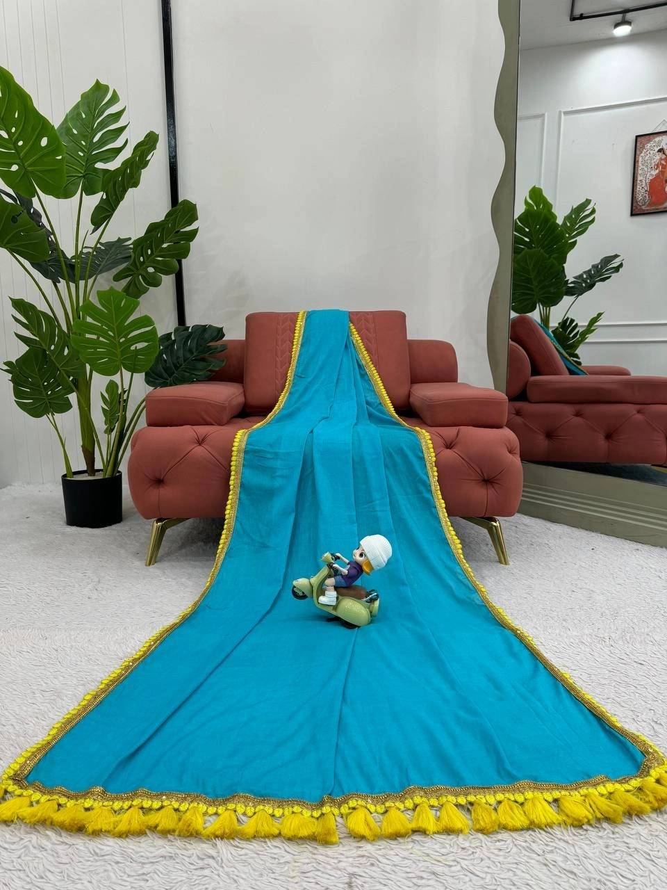 Cyan mul mul cotton sarees with pom pom