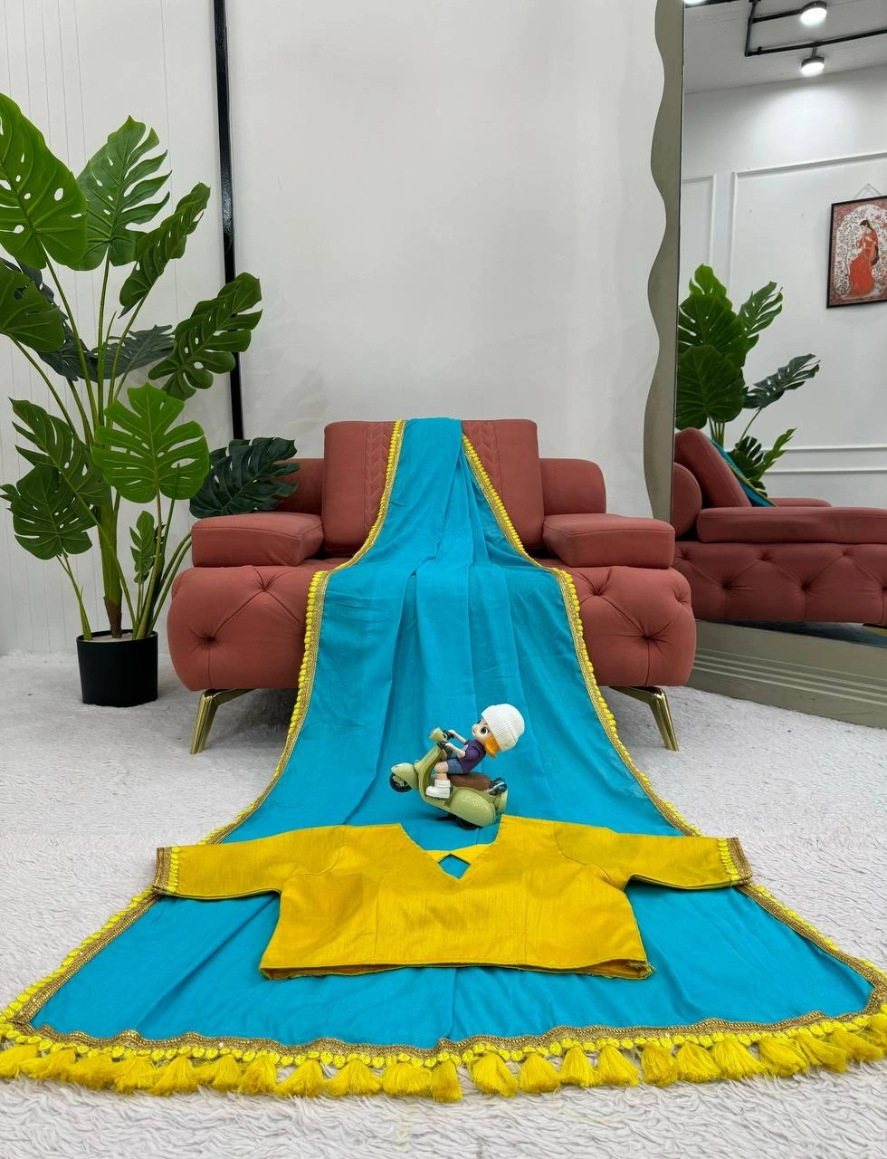 Cyan mul mul cotton sarees with pom pom