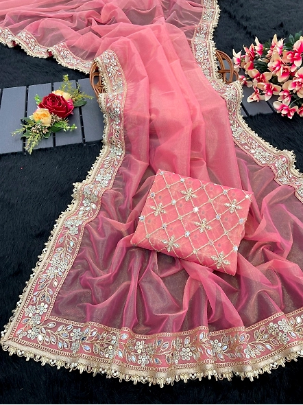 Exquisite Women's Tissue Silk Sarees - Elegant &amp; Comfortable-Pink-5