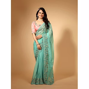 Women Embroidered Cyan Organza Saree with Blouse Piece