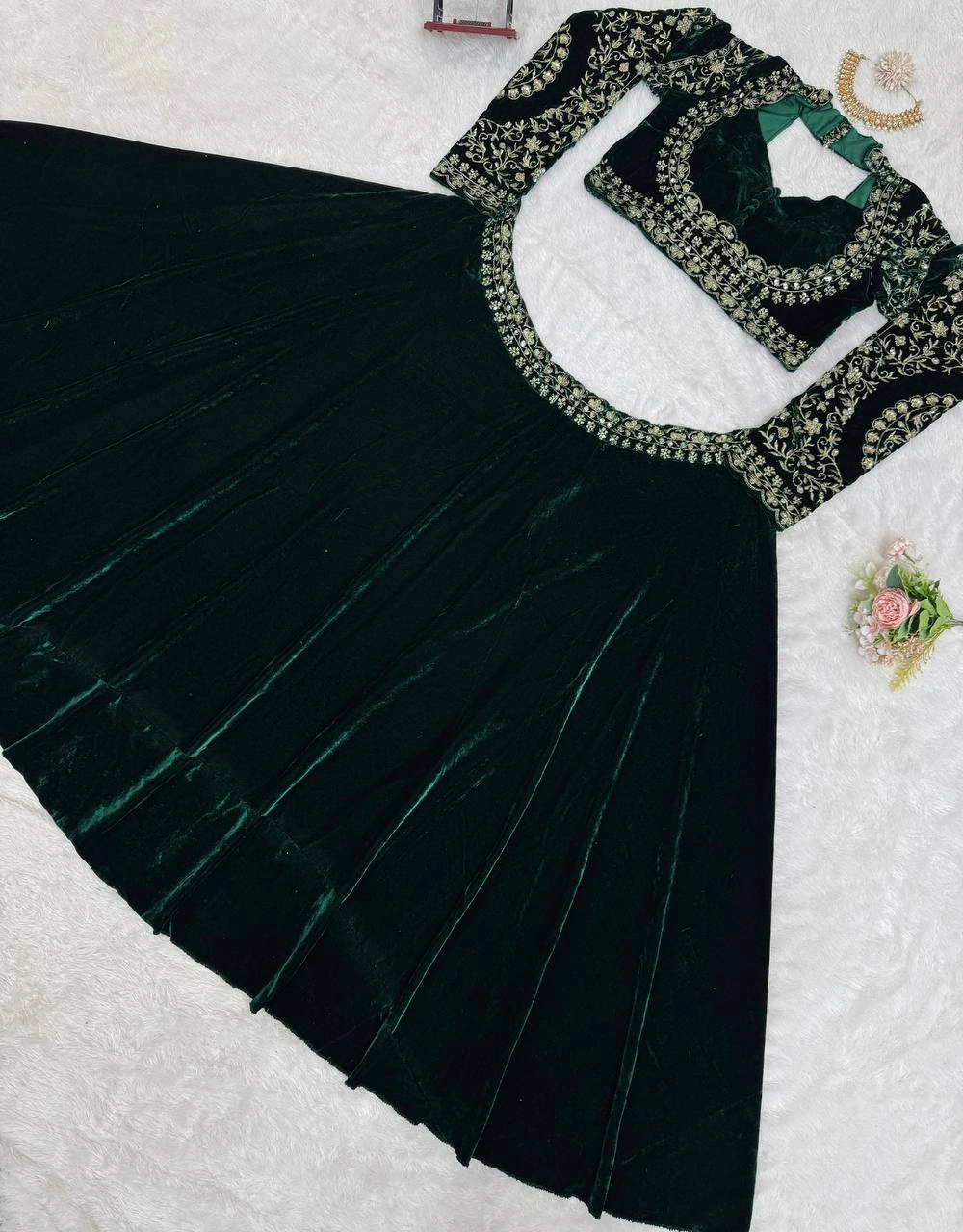 Green Embroidered Velvet Lehenga Choli