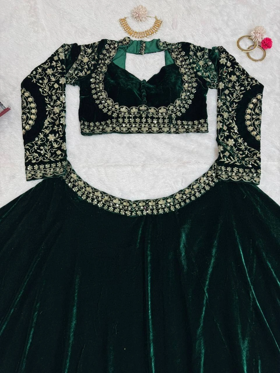 Green Embroidered Velvet Lehenga Choli