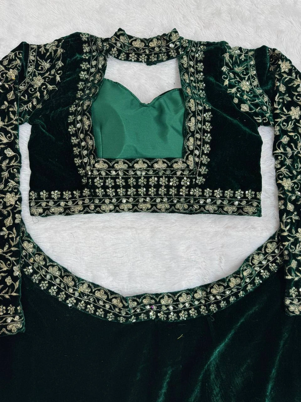 Green Embroidered Velvet Lehenga Choli