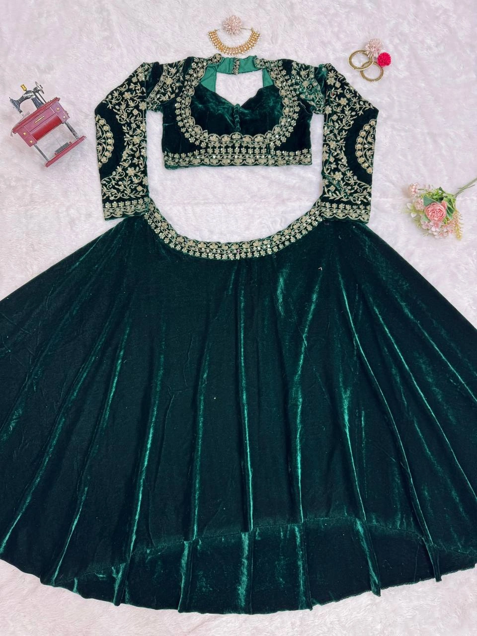 Green Embroidered Velvet Lehenga Choli