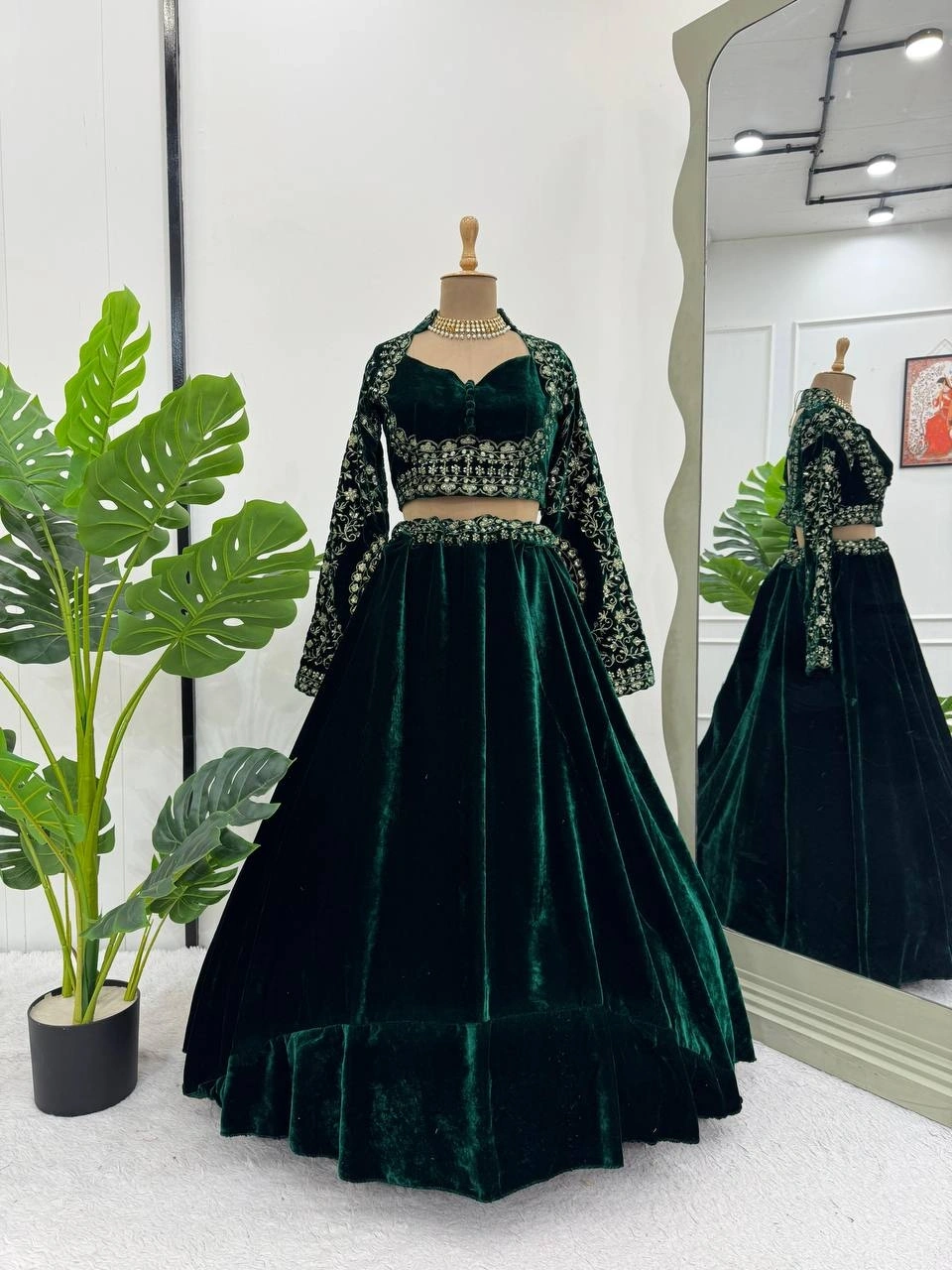 Green Embroidered Velvet Lehenga Choli