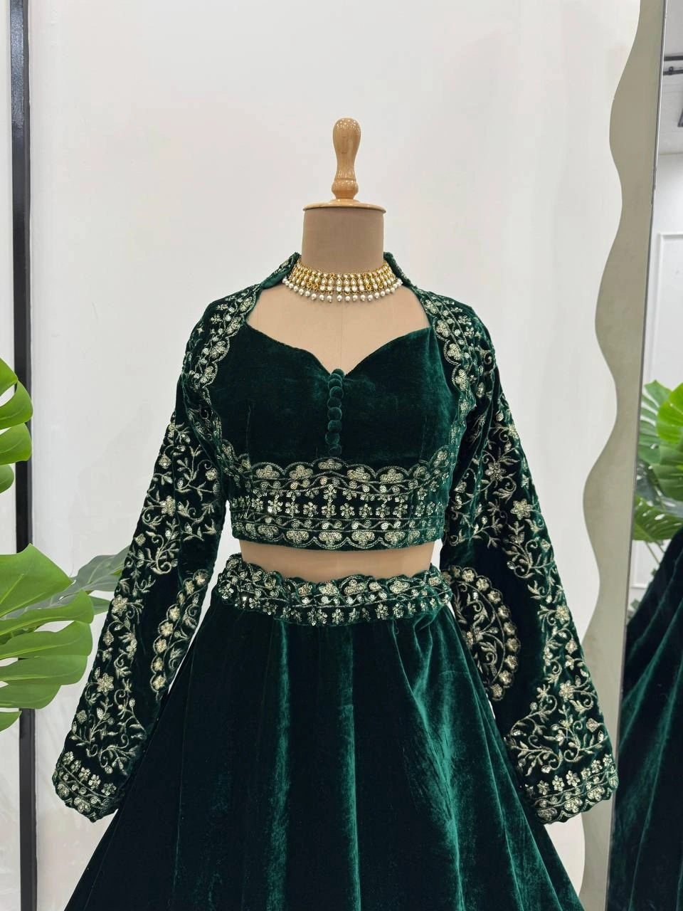 Green Embroidered Velvet Lehenga Choli