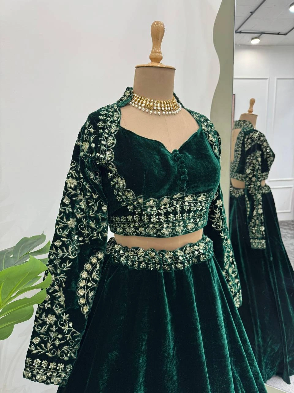 Green Embroidered Velvet Lehenga Choli