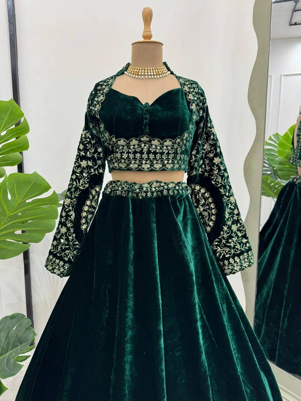 Green Embroidered Velvet Lehenga Choli