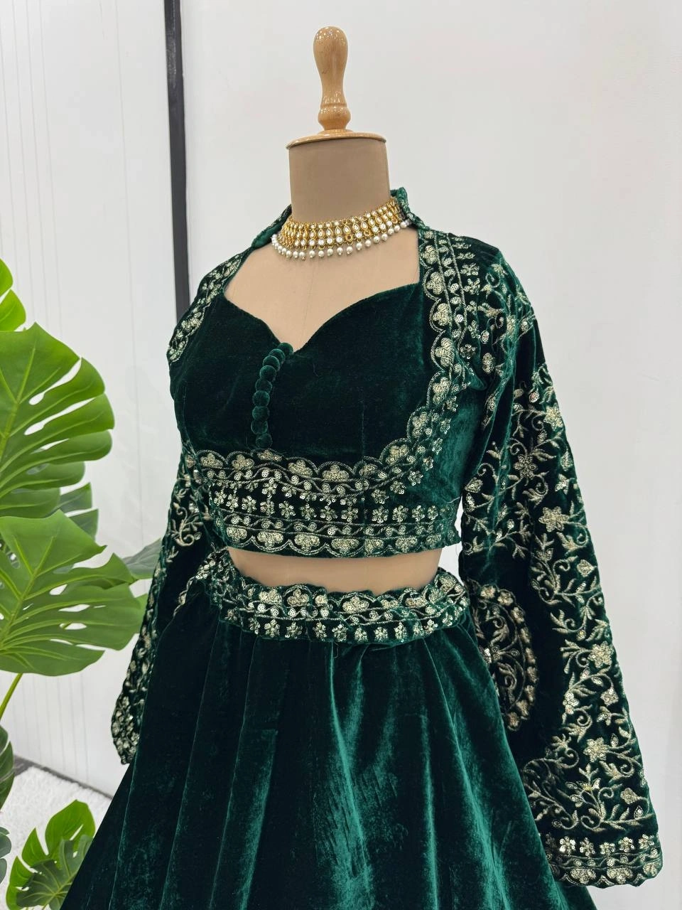 Green Embroidered Velvet Lehenga Choli