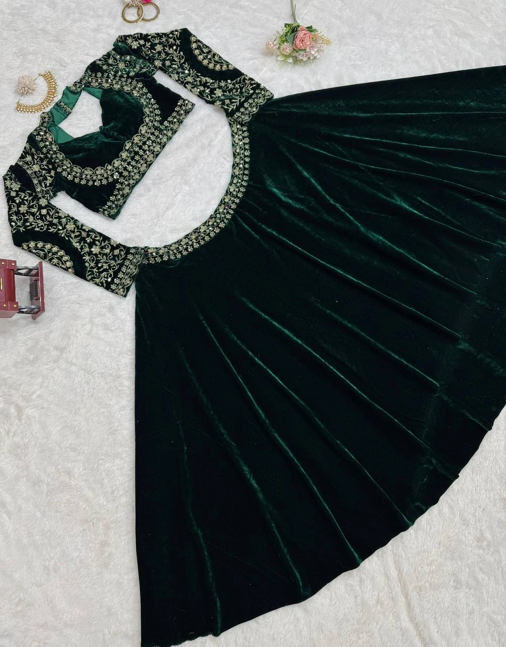 Green Embroidered Velvet Lehenga Choli