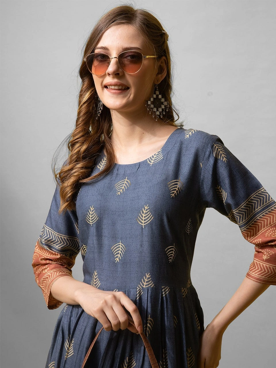 Denim Blue &amp; Maroon Rayon Printed Anarkali Gown