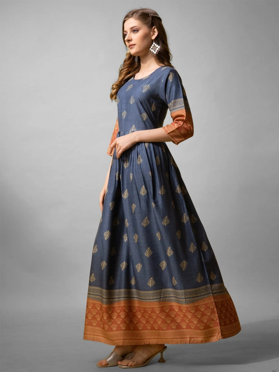 Denim Blue &amp; Maroon Rayon Printed Anarkali Gown