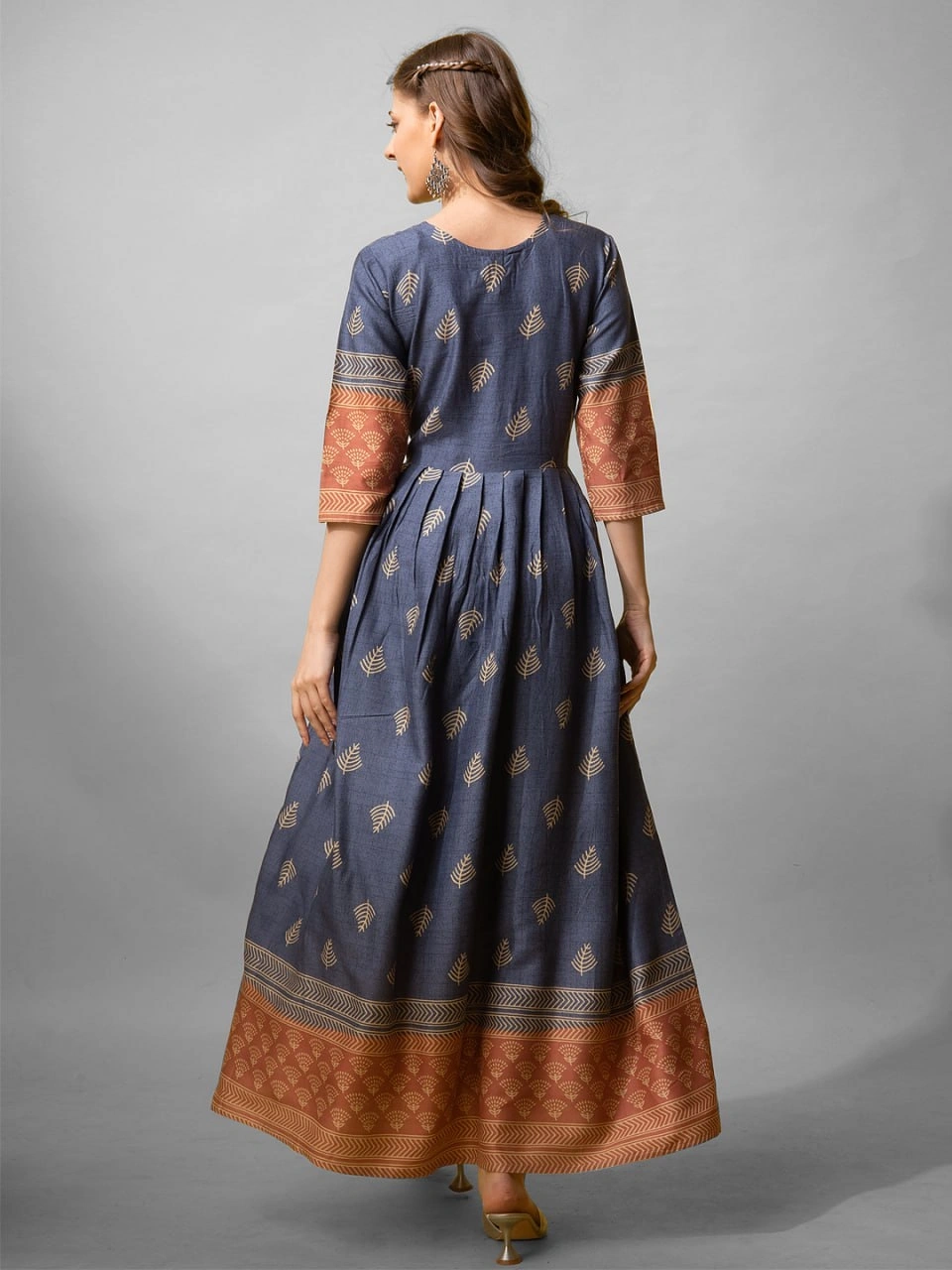 Denim Blue &amp; Maroon Rayon Printed Anarkali Gown