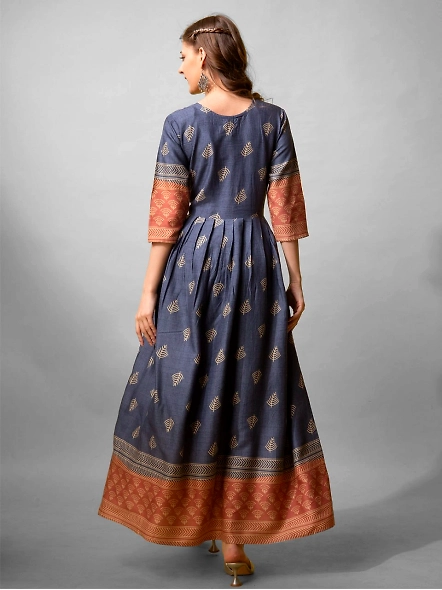 Denim Blue &amp; Maroon Rayon Printed Anarkali Gown for Women-Blue-2XL-1