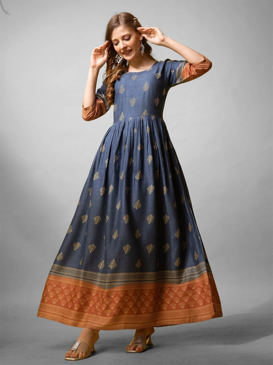 Denim Blue &amp; Maroon Rayon Printed Anarkali Gown