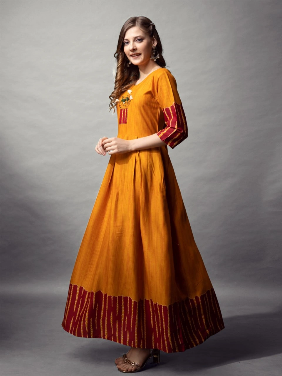 Mustard Yellow & Maroon Rayon Printed Embroidered Anarkali Gowns