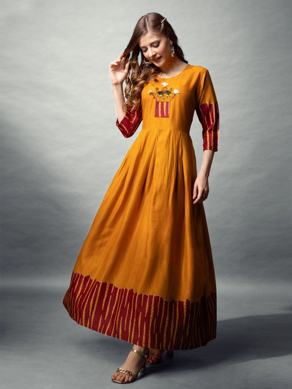 Mustard Yellow & Maroon Rayon Printed Embroidered Anarkali Gowns