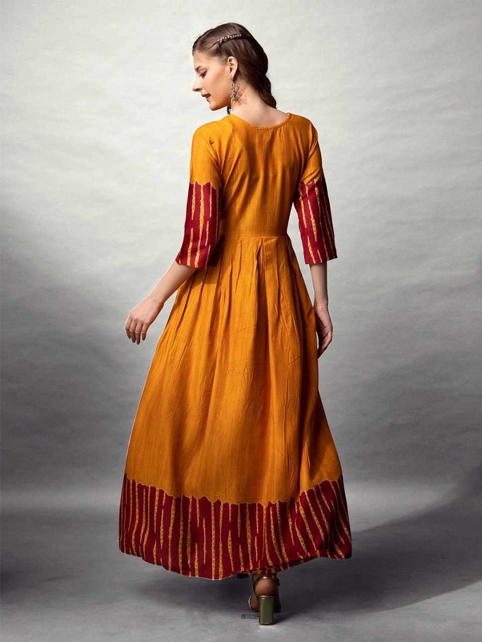 Mustard Yellow & Maroon Rayon Printed Embroidered Anarkali Gowns