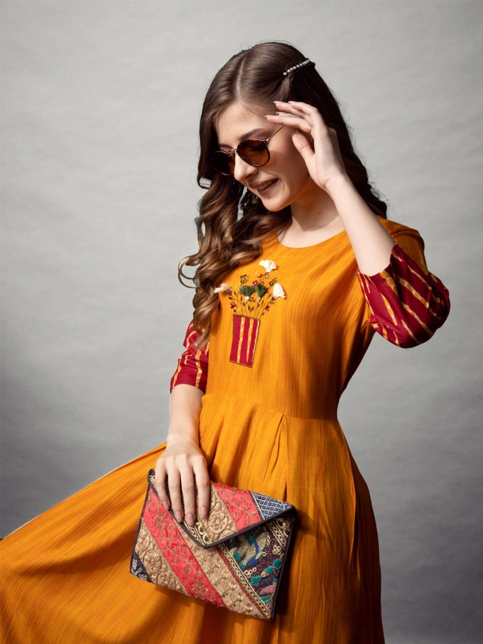 Mustard Yellow & Maroon Rayon Printed Embroidered Anarkali Gowns