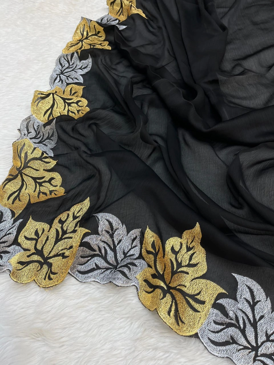 Black Embroidered Satin Chiffon Saree