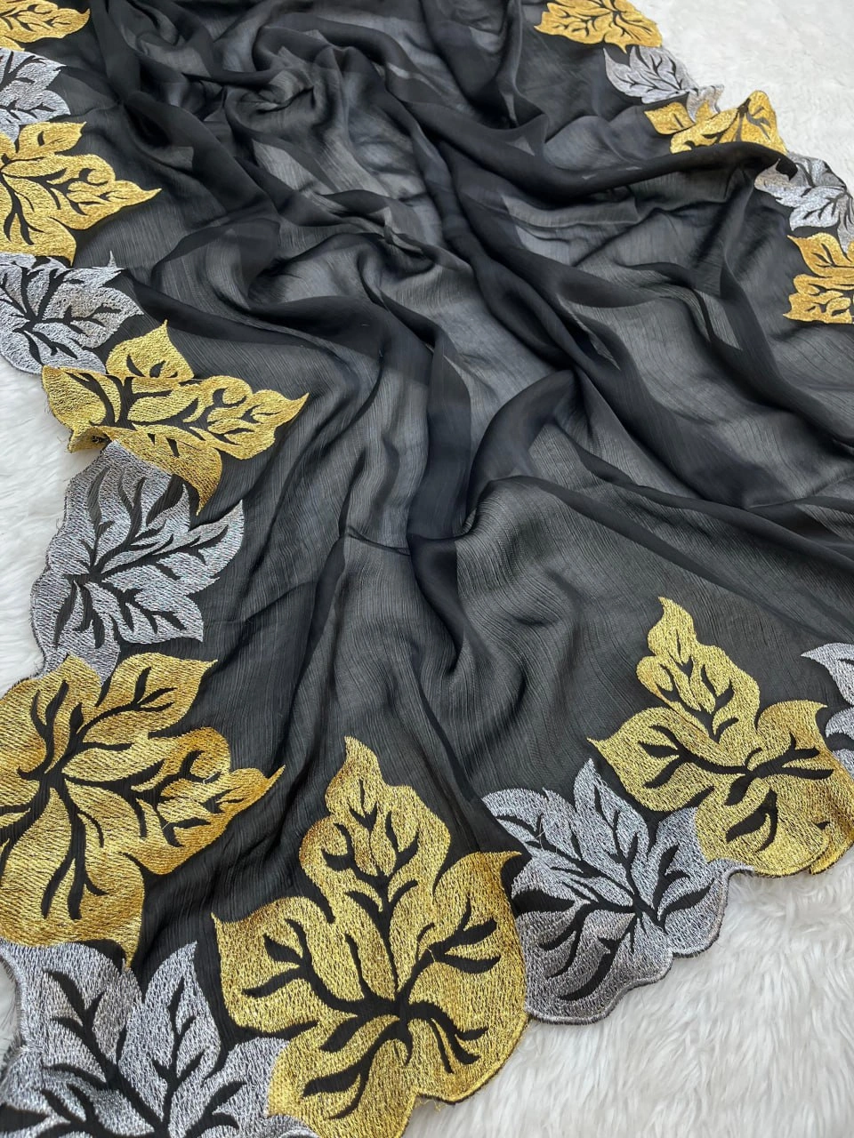 Black Embroidered Satin Chiffon Saree