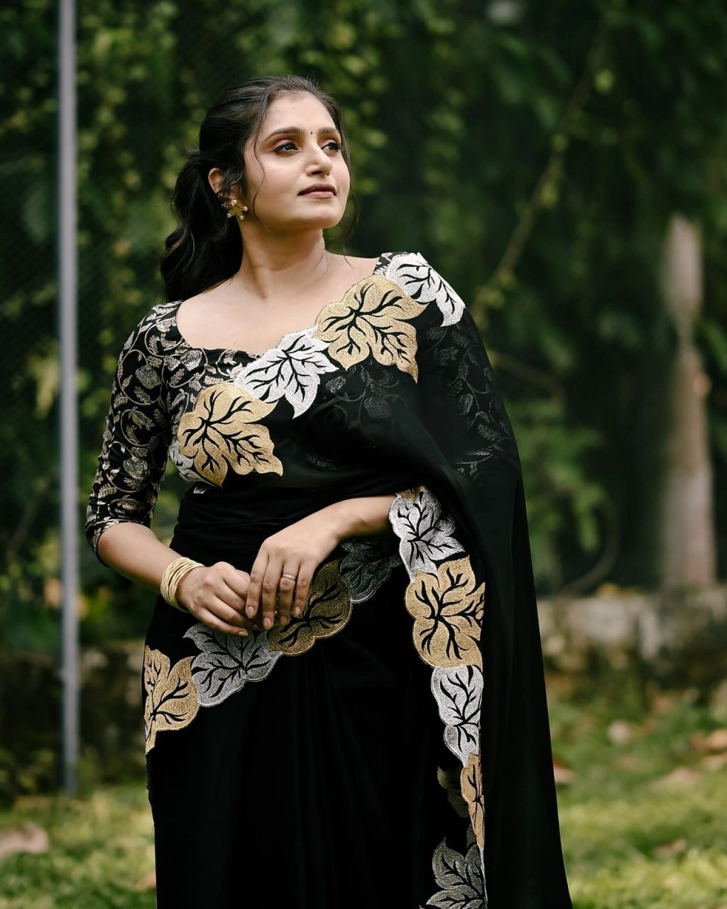 Black Embroidered Satin Chiffon Saree