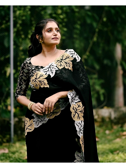Luxurious Black Embroidered Satin Chiffon Silk Saree with Stunning Embroidery-BT3134