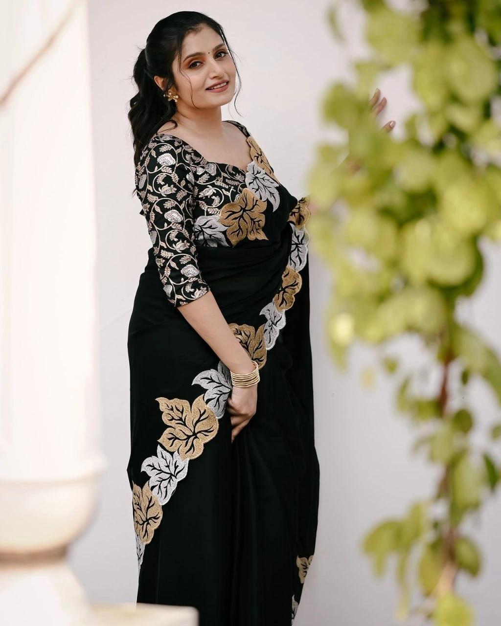 Black Embroidered Satin Chiffon Saree