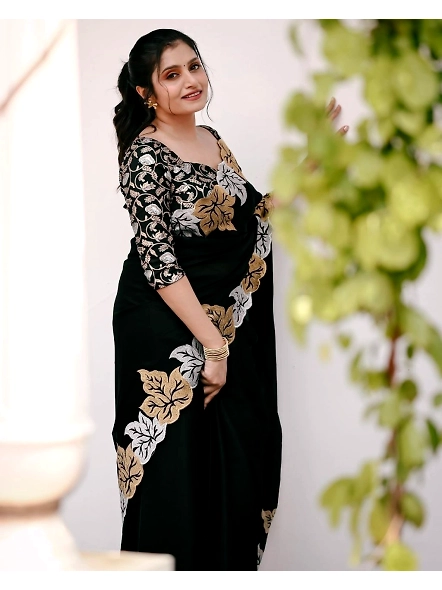 Luxurious Black Embroidered Satin Chiffon Silk Saree with Stunning Embroidery-Black-1