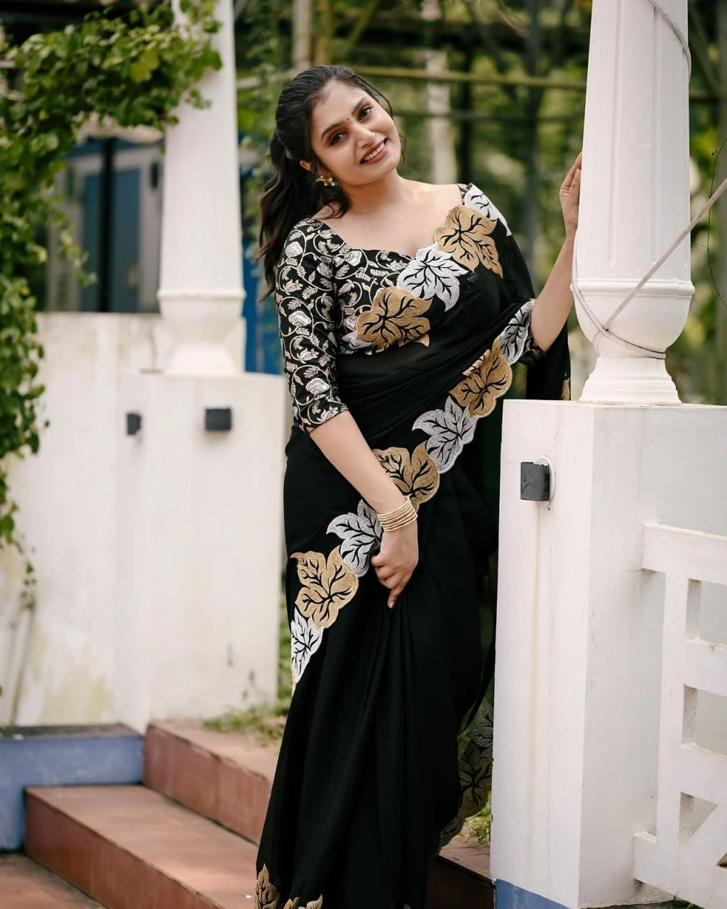 Black Embroidered Satin Chiffon Saree