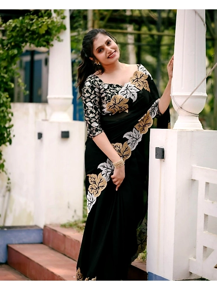 Luxurious Black Embroidered Satin Chiffon Silk Saree with Stunning Embroidery-Black-2