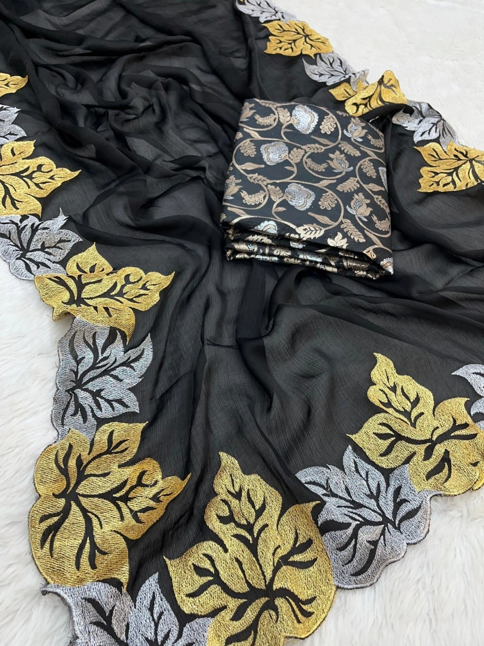 Black Embroidered Satin Chiffon Saree