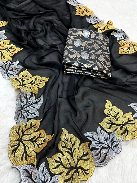 Luxurious Black Embroidered Satin Chiffon Silk Saree with Stunning Embroidery-Black-4